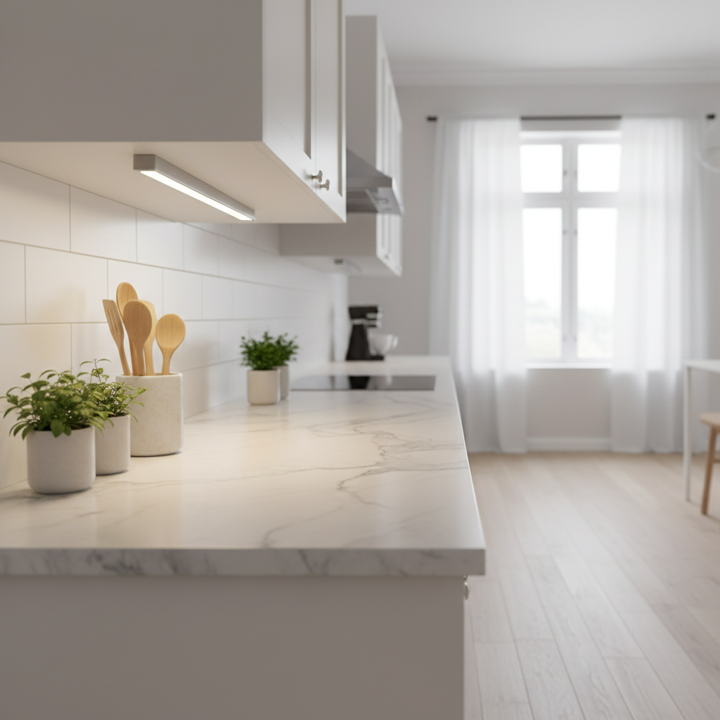 Rechargeable motion sensor LED light mounted under white kitchen cabinet illuminating a clean marble countertop