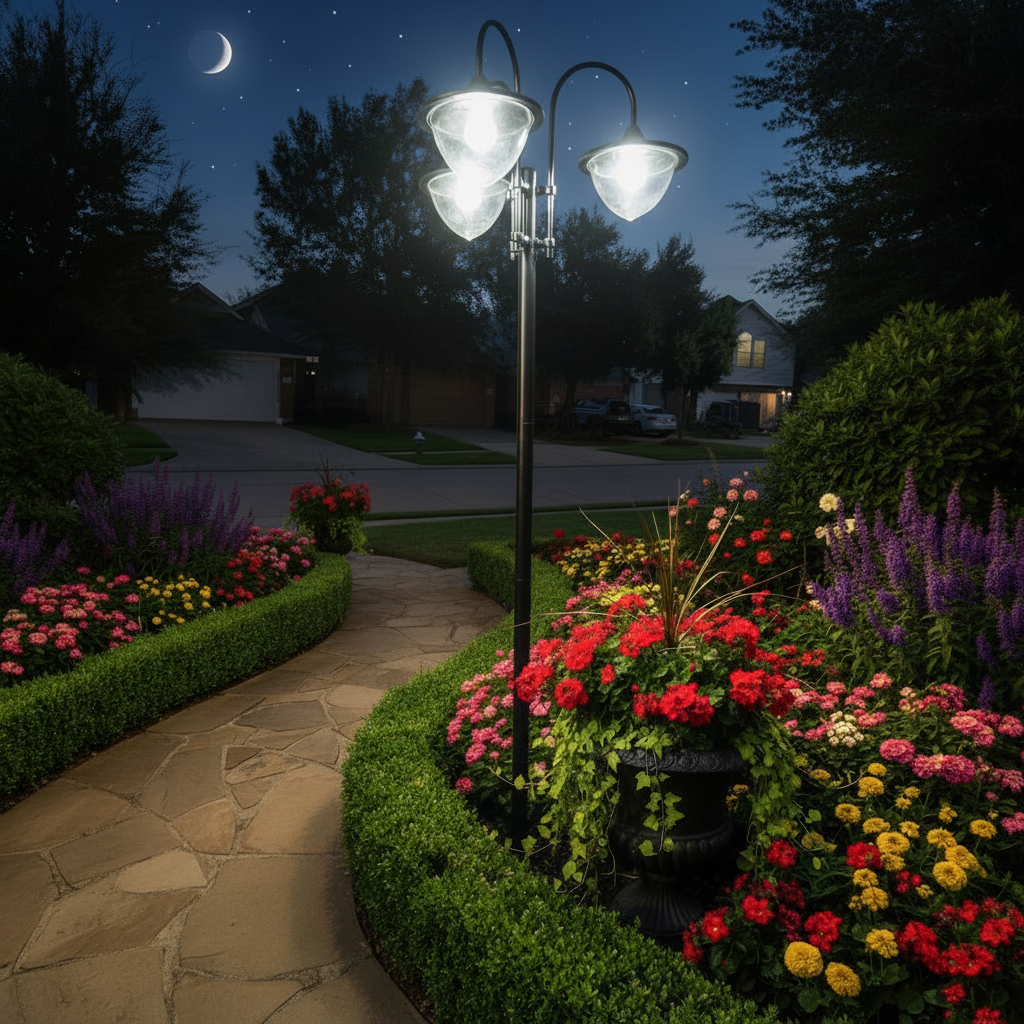 Luz solar LED de poste con 3 cabezales y macetero, impermeable, negra